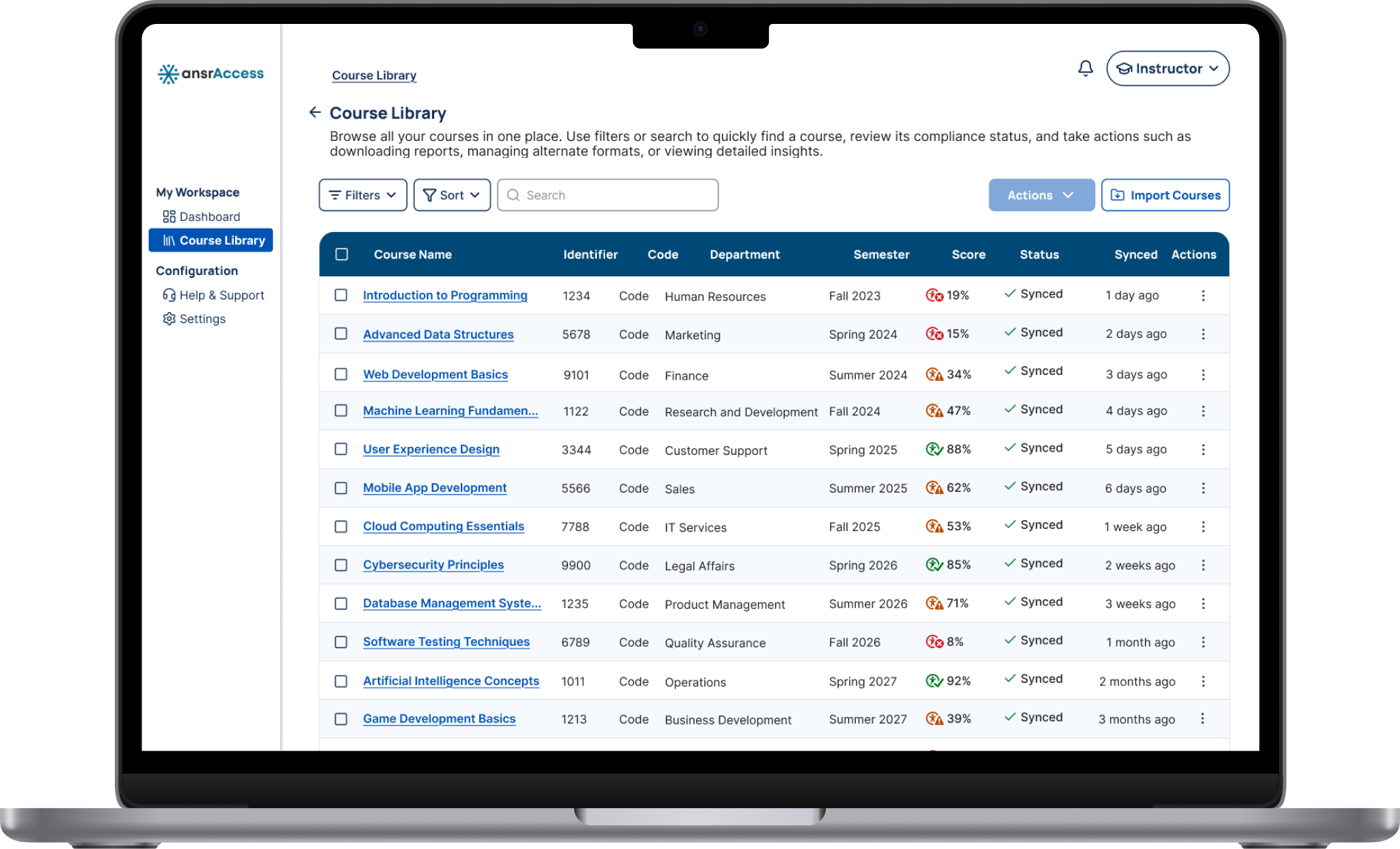 A tabular dashboard interface displaying a list of all LMS courses alongside their individual digital accessibility scores at a glance.