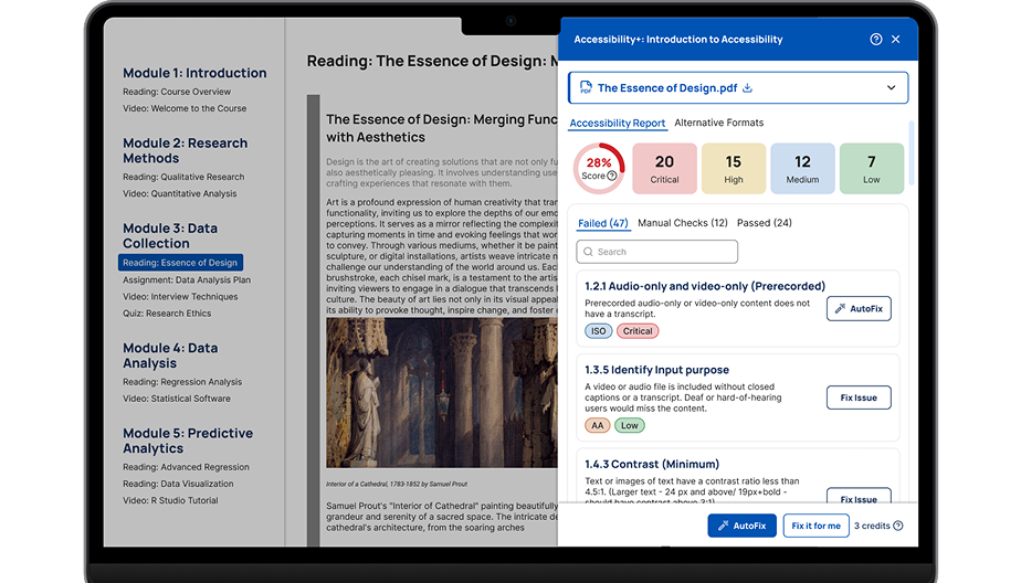 Screenshot of an ansrAccess accessibility report seamlessly integrated and displayed directly within an LMS course page.
