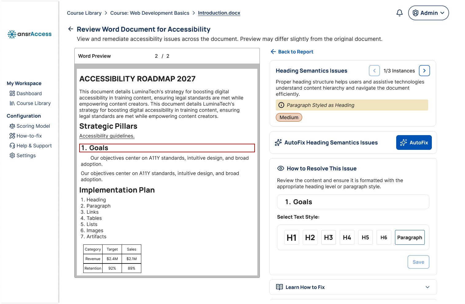 The ansrAccess document accessibility review interface. A Word document titled ACCESSIBILITY ROADMAP 2027 is previewed on the left, with the text "1. Goals" outlined in red to indicate the selected issue. On the right, the Heading Semantics Issues panel identifies the selected text as "Paragraph Styled as Heading" with a Medium severity rating. Controls allow the user to change the text style to heading levels H1–H6 or Paragraph, save the change, or use an AutoFix button to automatically correct heading semantics.
