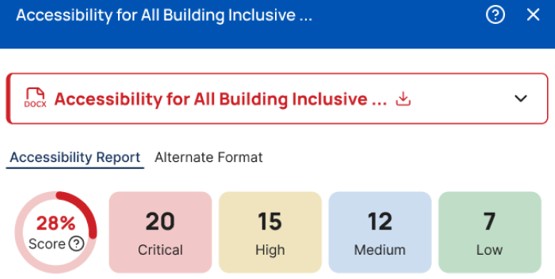 Accessibility report for a document showing an overall accessibility score of 28%, with 20 critical, 15 high, 12 medium, and 7 low issues.